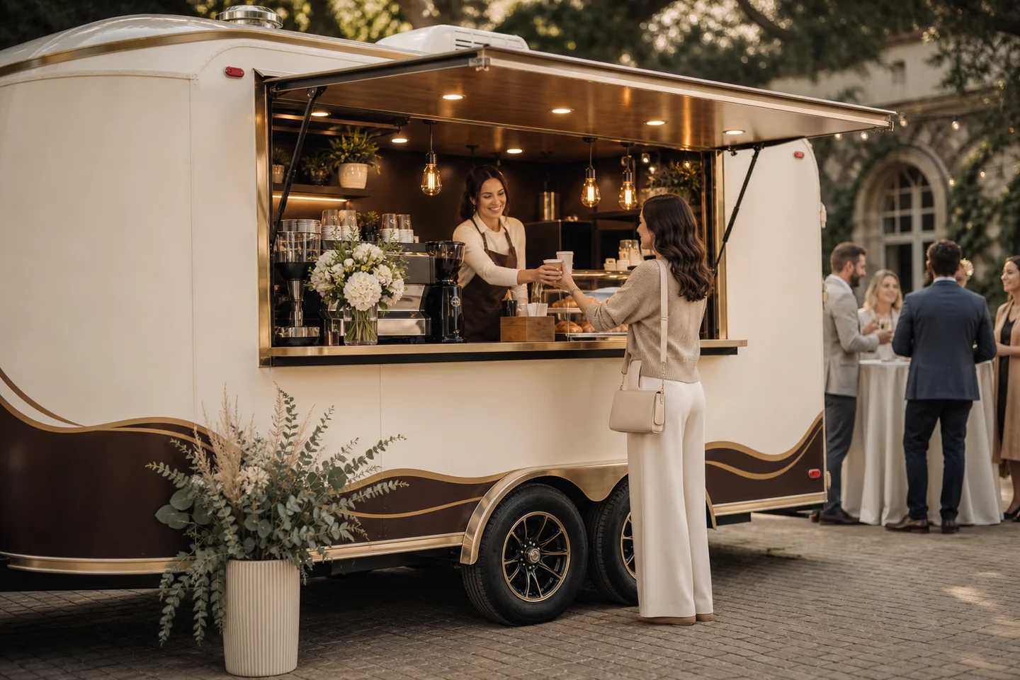 A barista serving a guest from an elegant mobile coffee trailer at an outdoor event