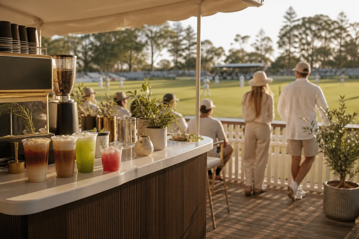 Fresh coffee and drinks served beside an outdoor sports field