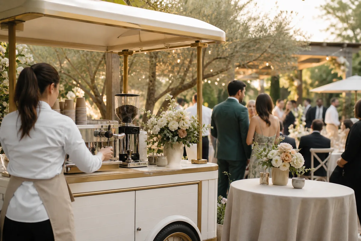 Elegant mobile coffee service at an outdoor wedding